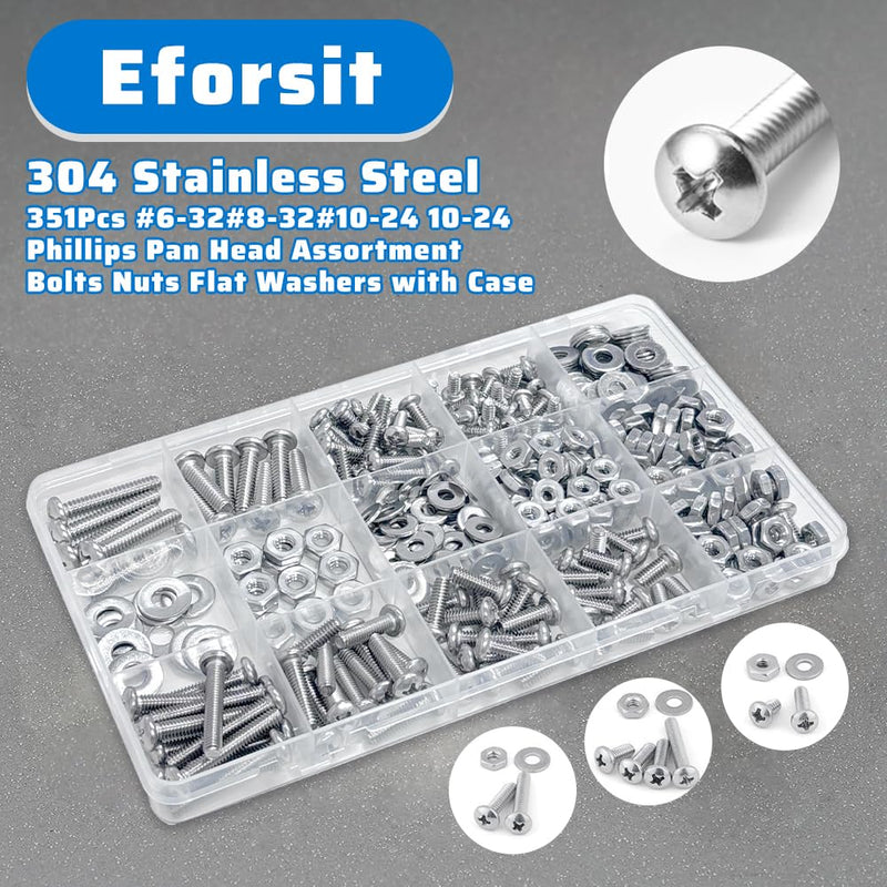 351Pcs Machine Screw 304 Stainless Steel Nuts and Bolts (M3/M4/M5)#6-32#8-32#10-24 Assortment Kits Nuts Phillips Pan Head Bolts, Washers 351Pcs