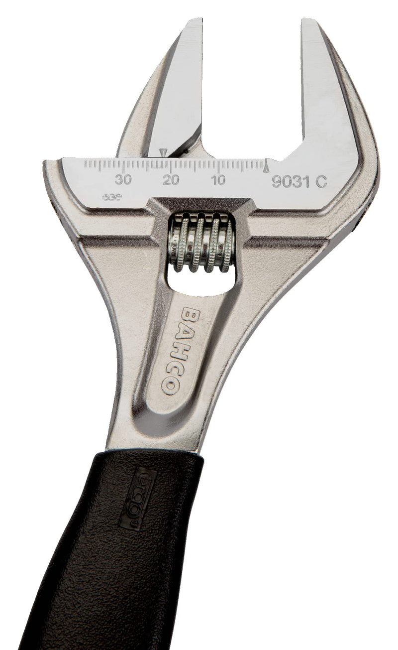Bahco BAH9031RCUS 8" SAE Big Mouth Adjustable Wrench with Handle, Wide Jaw, Slim Head, and True Ergo Grip for Tight Spaces, Ideal for Maintenance, Plumbing, and Electrical Repair Tasks 8 inches Chrome Finish - Standard Jaw