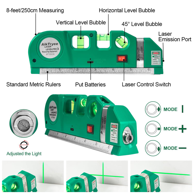 Level Tool Laser Level Leveler tool Cross Line Vertical and Horizontal Line with USB Rechargeable for Picture Hanging cabinets Tile Walls by AikTryee. Green Laser