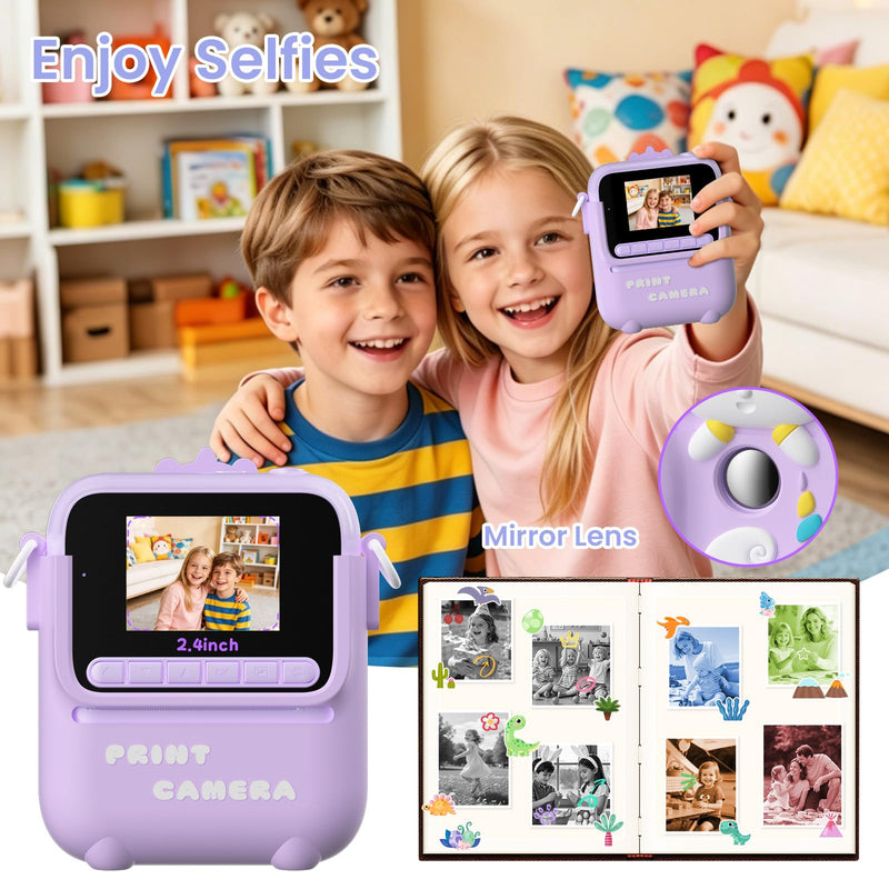 Kids Camera Instant Print, 3 4 5 6 7 8 9 10 11 Year Old Girl Birthday Gift | 1080P HD Video Digital Instant Camera for Kids with Silicone Cover & 5 Rolls of Printer Paper (Purple) Purple