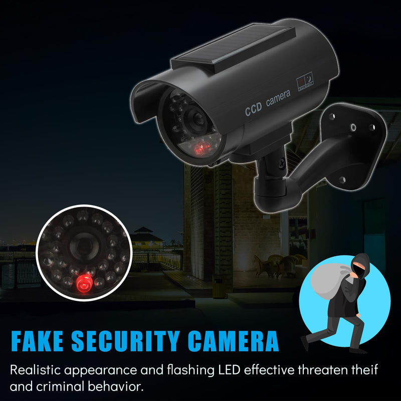 Twilight Garage Dummy Camera, 2 Pack Solar Powered Bullet Simulated CCTV Fake Security Cameras with Flashing Red LED Light & Warning Security Alert Sticker, Indoor Outdoor Use(Black)