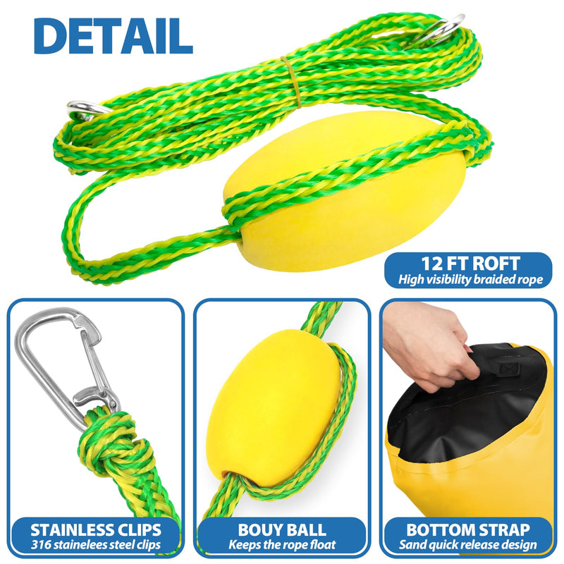 Obcursco 20L Jet Ski Anchor Kit PWC Anchor 2 in 1 Sand Bag Anchor for Float with Adjustable Buoy, PWC Sandbag Anchor for Jetski, Kayak, Seadoo, Paddle Board, Waverunner, Watercraft, and Swim Mat… yellow