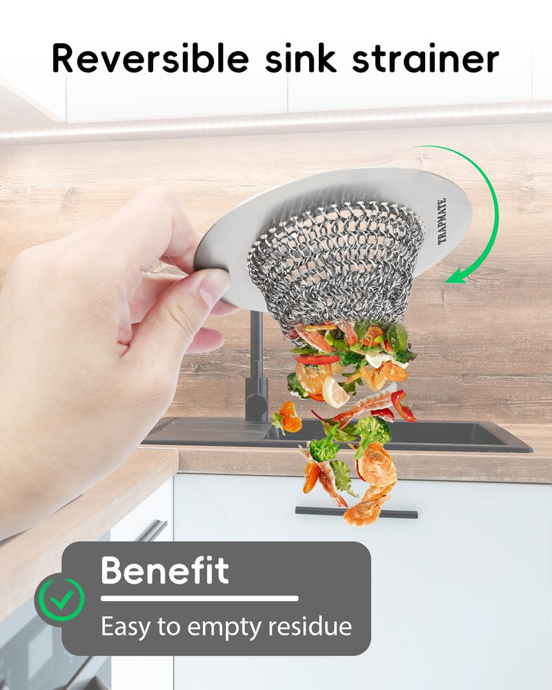 TRAPMATE 2 Pcs Kitchen Sink Drain Strainer, Stainless Steel Sink Strainer Basket with Easy Clean & Anti-Clog, Fits Garbage Disposal, Dishwasher Safe, Single & Double Bowl Sinks (Patented Product) Light Silver Silver