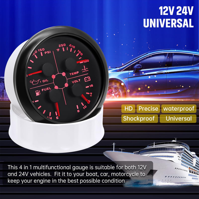ARTILAURA AUTO Gauge 4in1 Multifunction Meter- Oil Pressure/Water Temp/Fuel Level/Voltmeter 85mm 3 3/8" Automotive Boat Gauge for Car Marine(Black) All Black 4in1 Gauge