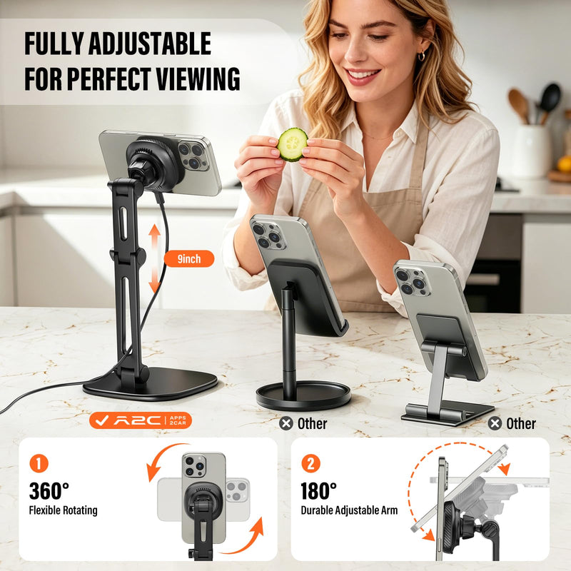 APPS2Car Qi2 15W Wireless Charger Stand Adjustable Phone Holder for Desk | 17 N52 Magnets, Built-In Cooling Fan, Height-Adjustable Foldable Arm, 360° Rotation, Weighted Anti-Slip Metal Base Black - Wireless Charging Stand