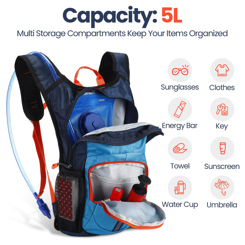 Kids Hydration Backpack with 1.5L Water Bladder Hiking Backpack Lightweight for Boys or Girls Children Biking Climbing Running Cycling Blue