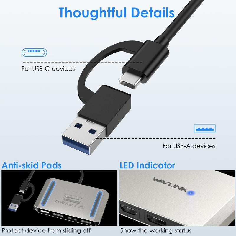 WAVLINK USB C and USB 3.0 to Dual 4K DisplayPort & HDMI Adapter, Displaylink HDMI Splitter Extended Display for Dual Monitor 4K@60Hz, HDMI/DP Splitter Compatible with Mac M1/M2/M3, HP, Dell, Lenovo Silver