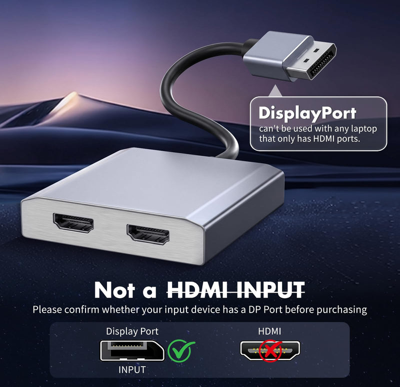 DisplayPort to Dual HDMI Adapter 1 in 2 Out, 4K@60Hz DP to HDMI Splitter for Dual Monitors, Extended Display MST Hub for Windows PC, NVIDIA/AMD Graphics Card [Mac OS Mirror Only]