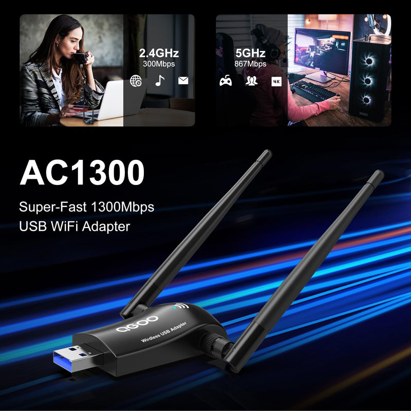 Wireless WiFi Adapter for Desktop PC - QGOO AC1300Mbps USB 3.0 Network Dongle with 5dBi High Gain Dual Antennas, 2.4GHz/5GHz Dual Band for Laptop Computer Compatible Windows11/10/8 AC-1300 black
