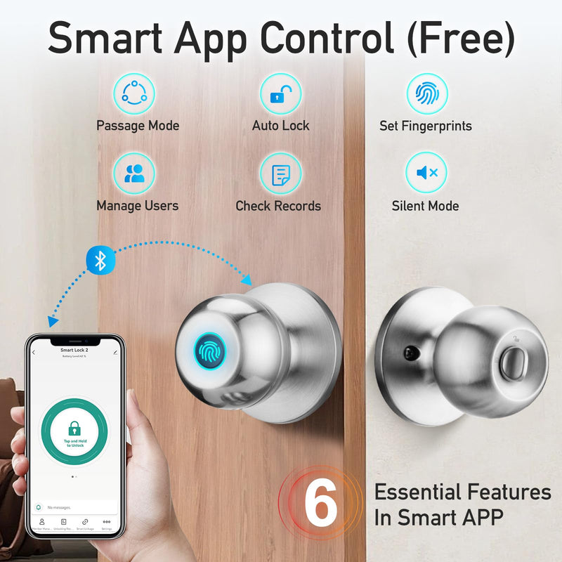 Fingerprint Door Lock, Smart Door Knob with Lock, Biometric Door Lock | Keyless Door Locks for Bedrooms, Front Door, Home, Finger Print Door Knobs Satin Nickel, 1 Pack 1 Piece Fingerprint