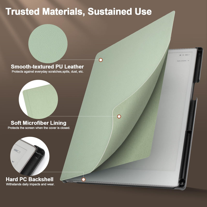 Caweet Stand Case for Remarkable Paper Pure 10.3" 2026, Green | Foldable Kickstand PU Leather Hard Back Shell Auto Sleep/Wake Cover with Pen Holder and Hand Strap