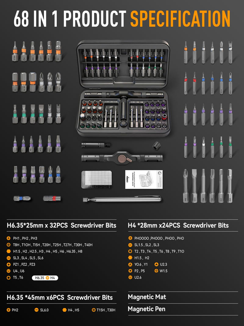 DISEN 68 in 1 Ratcheting Screwdriver Set, 58-Tooth T-Handle with Magnetic Pickup & Pad, 42 S2 Steel Bits, Magnetic Case, Repair Kit for Electronics, Laptop, PC, Game Console, Furniture, Bike 68PCS