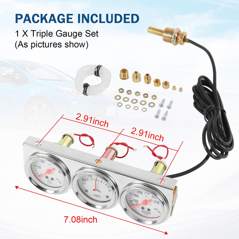 JDMSPEED 2" 52mm Triple Gauge Set Kit (Oil Pressure Gauge + Water Temperature Gauge + AMP Meter) 3‑in‑1