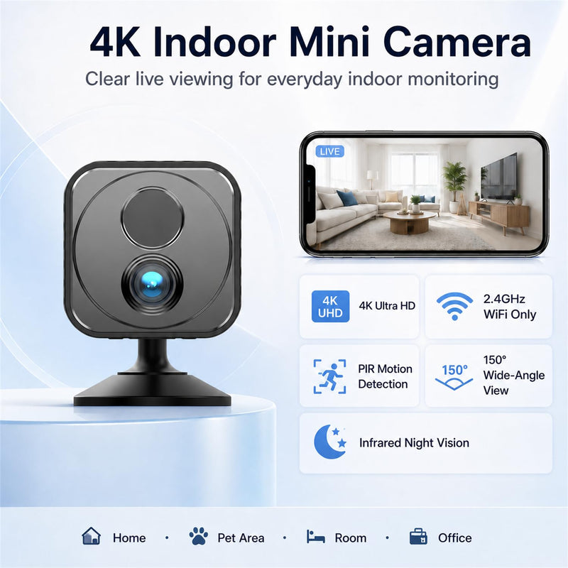 Mini Camera Wireless 4K WiFi Security Camera, Battery Powered PIR Alerts | 150° wide view for home, pet and office monitoring, 1200mAh rechargeable battery with up to 30-day standby and app control