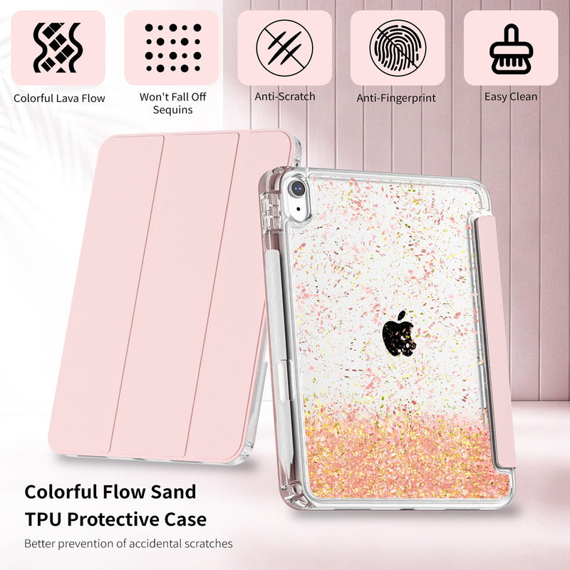 KenKe Case for iPad (A16) 11 Inch 2025/10th Gen 10.9 Inch 2022, Pink | with Pencil Holder, Hard PC Back Sand Cover, Flowing Glitter Cute Star on Transparent Back, Ultra-thin, Shockproof, Light