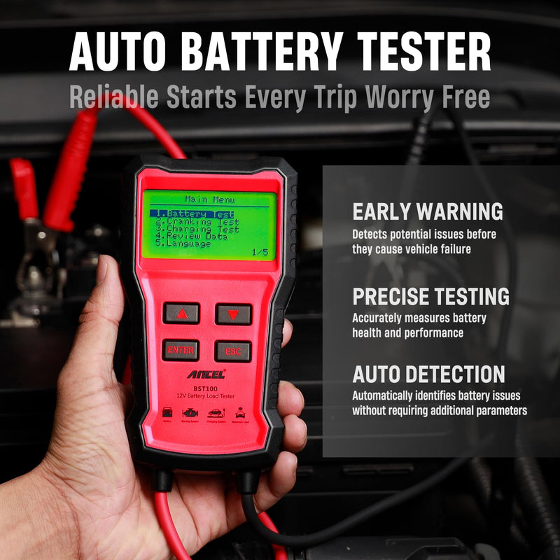 ANCEL BST100 Car Battery Tester 12V, 100-2000 CCA Load Tester Digital Automotive Alternator Battery Analyzer Charging Cranking Tester for Car, Motorcycle, SUV, Boat