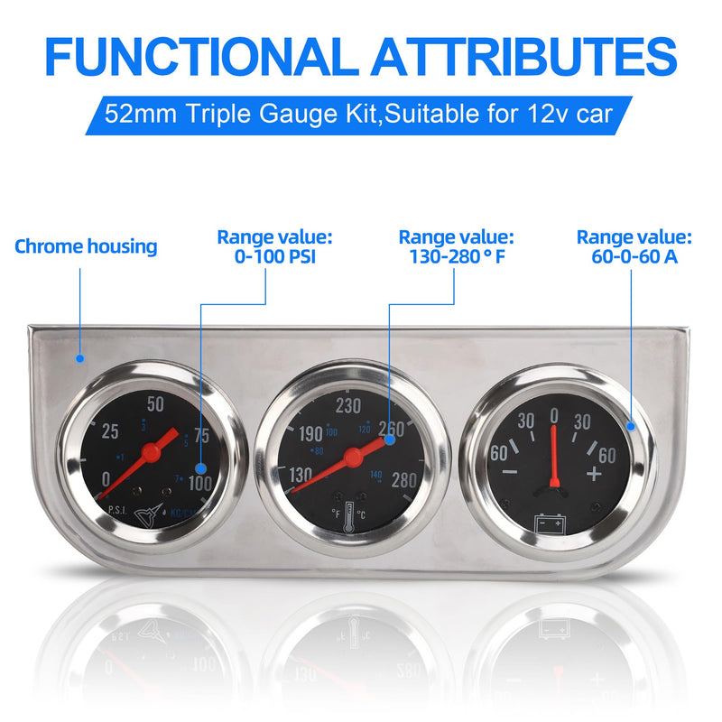 2" 52mm Triple Gauge Kit Chrome Panel 3in1 Car Meter Oil Pressure Fahrenheit Water Temp Ammeter Gauges for 12V Car Boat Truck Black Face