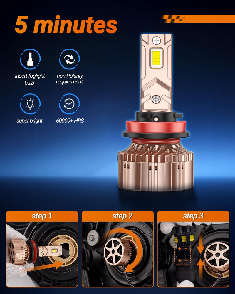 SEALIGHT 40000LM H11/H8/H9 Bulbs, X6S H16 light, 360° Adjustable Lighting, Ultra-Bright 16PCS Chips, Easy Plug-N-Play Installation, 6000K Pure White, IP68 Waterproof, Pack of 2 Rose Gold X6S H11/H8/H9
