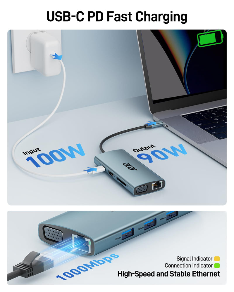 Acer USB C Hub with 4K HDMI, 9-in-1 Laptop Docking Station with 1080P VGA | USB C to Ethernet Adapter with 5Gbps 3×USB-A Data Transfer, 100W Max PD Port, SD/TF Card Reader for MacBook, Acer, 0.65ft