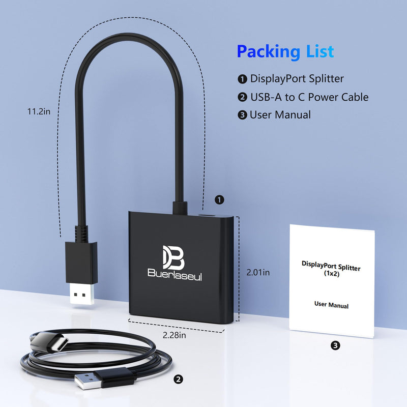 DisplayPort to Dual HDMI Splitter 4K@60Hz, USB-C Powered, DisplayPort 1.4 MST Hub DP to HDMI 1 in 2 Out Splitter for Dual Monitors Extended/Clone Mode for Desktop PC Graphics Card Home Office Gaming Black