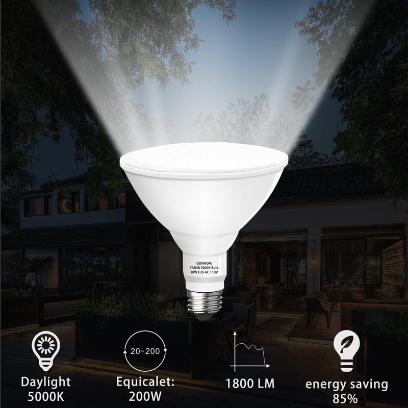 Gonhom Par38 led Flood Lights Outdoor Light Bulb,Dimmable 1800LM,20W Replace up to 200W,Outdoor Flood Light Bulbs for Backyard,Garage,Porch,Garden,6 Pack 5000K Daylight 6 Pack