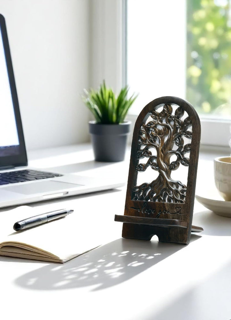 Handicraftviet - Handcrafted Wooden Tree of Life Phone Stand, Engraved “I Love You” – Vintage Desk Docking Station for Smartphone – Gift for Mom, Grandma, Sister, Dark Brown (Tree of Life)