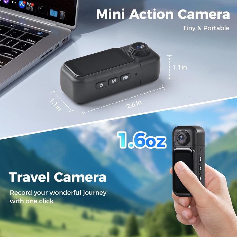 Mini Body Camera - Wearable POV Cam with Back Clip & Magnetic Lanyard 64GB | 6+Hours Recording, 180° Rotating Lens, 1.47" Touch Screen&Charger Base for Vlogging Travel Workers Cycling Motorcycle(Black)