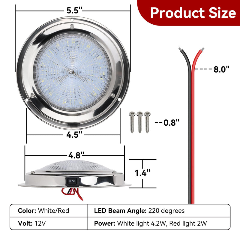 Marine Boat Dome Light, 5.5 Inch Dual Color LED Marine Interior Light with Toggle Switch, 12V Boat Cabin Light with Stainless Steel Surface Mount, White and Red White&Red -Dia 5.5 Inch