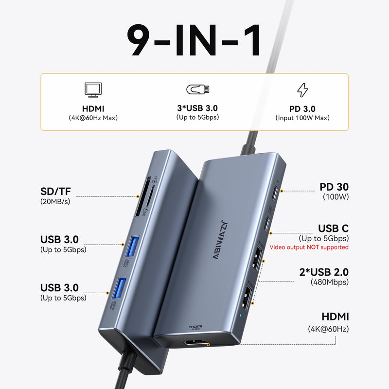 USB C Hub Multoport Adapter, 9 in 1 Mac Adapter for MacBook Pro/Air | USB-C to HDMI 4K@60Hz, 100W PD, SD/Micro SD Slot, 4 USB and USB-C Data Port Compatible for iPad Pro, Dell XPS Laptops Grey