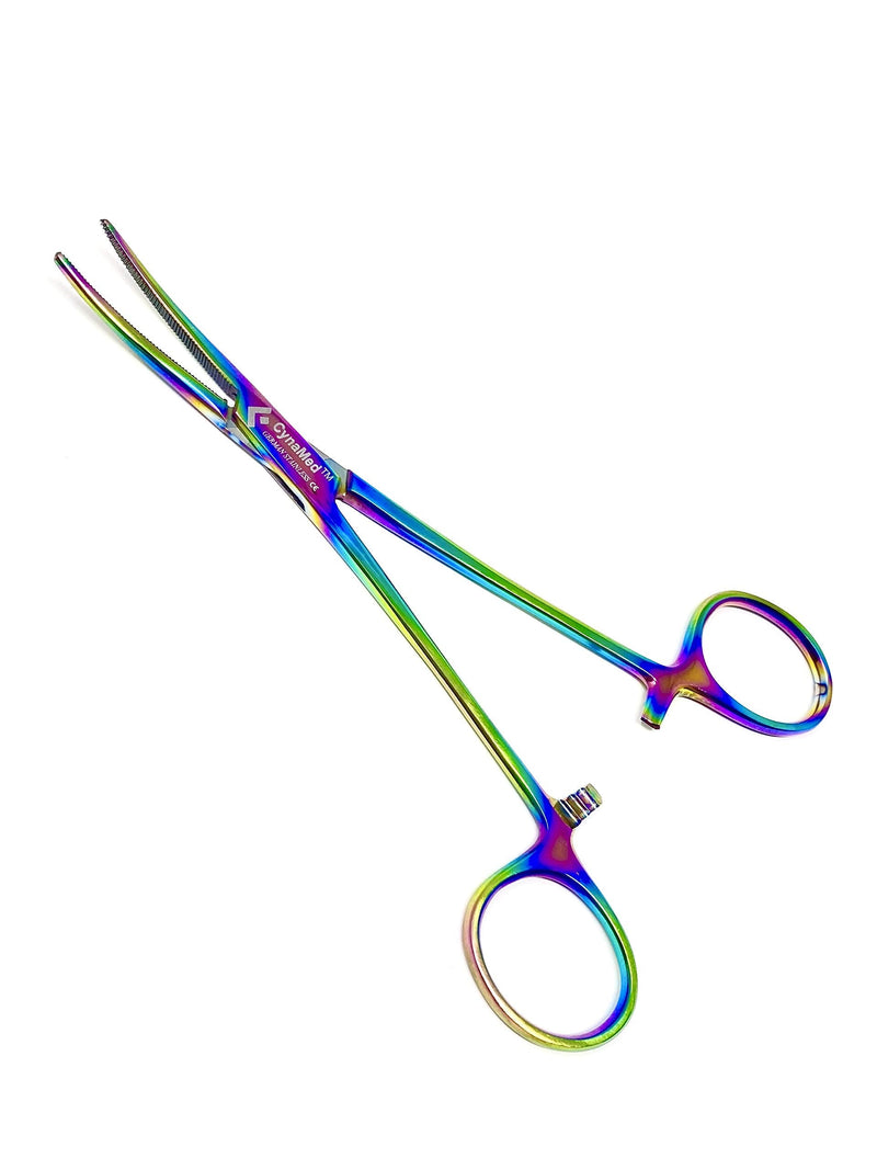 Cynamed Artzone Multi Color Hemostat Forceps with Serrated Jaws, Stainless Steel Rainbow Pliers 6.25 in. Curved