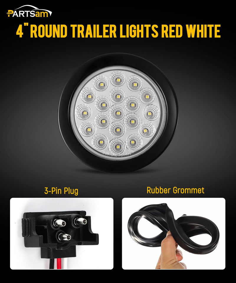Partsam 2Pcs 4 Inch Round Red Stop Turn Tail Lights and White Backup Lights Kit 19 Diodes w/Rubber Grommets & 3-Prong Wire Pigtails, Red/White Round Led Truck Trailer Tail Lights and Reverse Lights