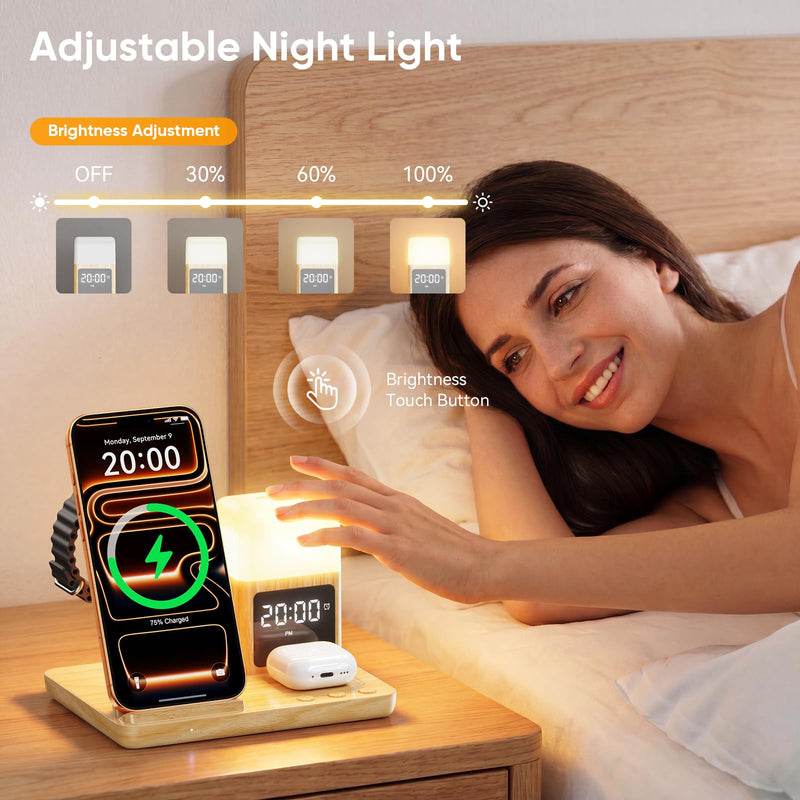 6 in 1 Wireless Charging Station with Clock & Night Light，Alarm Clocks for Bedrooms,Wireless Charger Stand with Beside Clock for iPhone 17/16/15/14/13/12 Pro Max, Apple Watch,Airpods (Wood) Wood