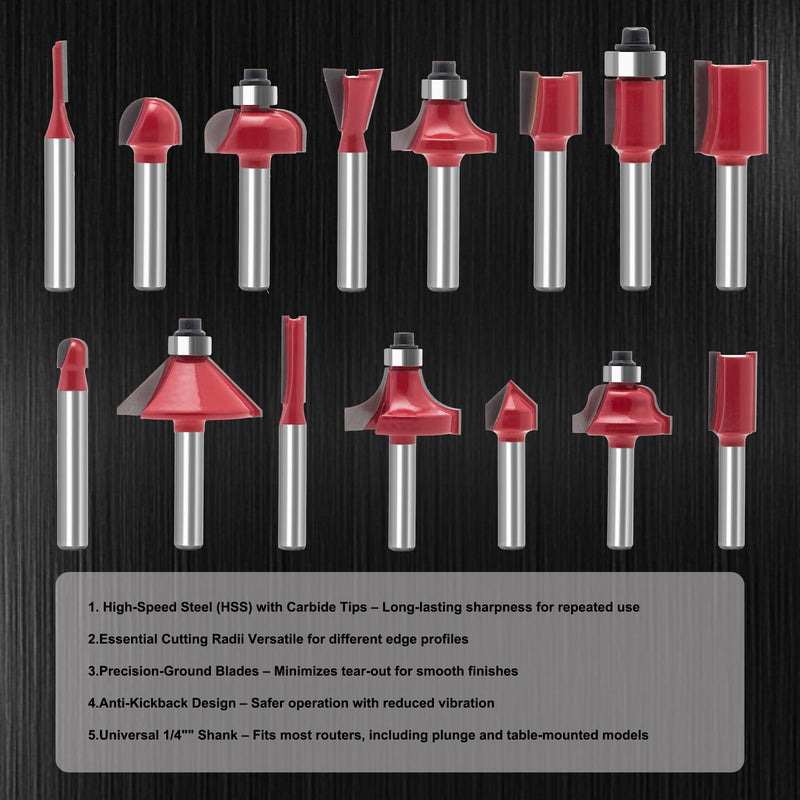 Lock Miter Router Bit Kit for Woodworking - 1/4" Shank Roundover, Rabbeting, Tongue & Groove, Cabinet Door, Rail & Stile Router Bits (Router Bit-1/4 Inch Shank-15 pcs) Router Bit-1/4 Inch Shank-15 pcs