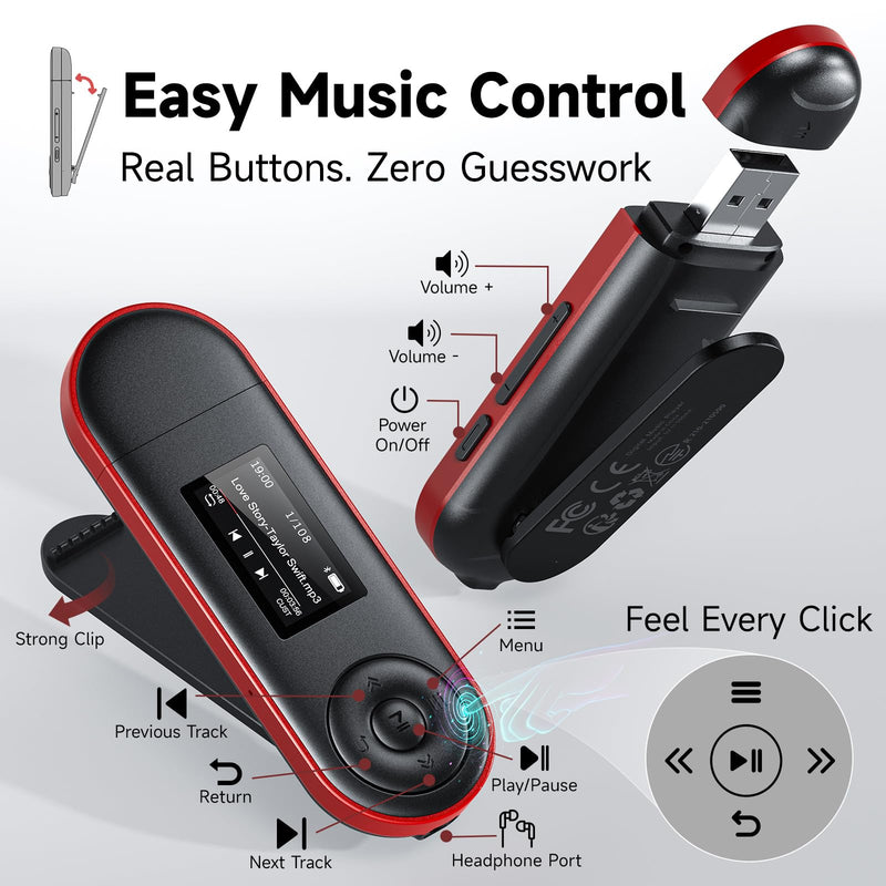 64GB USB MP3 Player with Bluetooth 5.3 & Clip for Sports Running | Only 1 oz, Physical Buttons, Folder & Resume Playback, FM Radio, Voice Recorder, Supports Phone File Transfer (OTG)