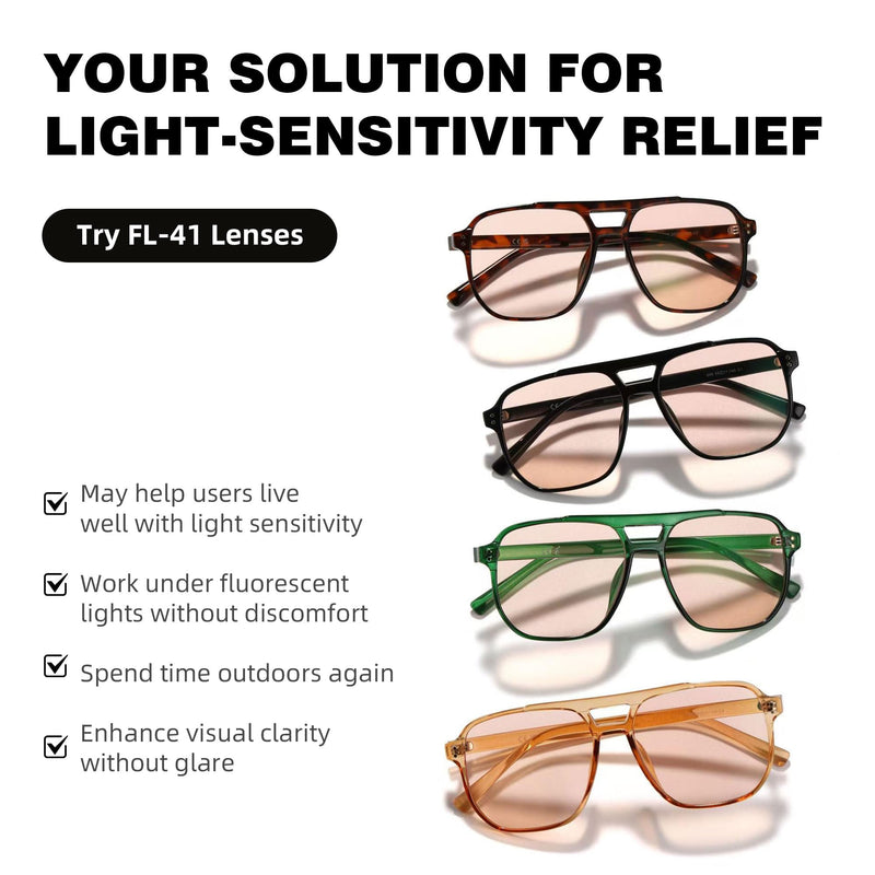 2 Pack Rose Tinted Fluorescent-41 Migraine Glasses for Light Sensitivity,Indoor and Outdoor Fluorescent LED Eyewear 2 Pack (25% + 50% Rose Tinted Lens) - Champagne Frame