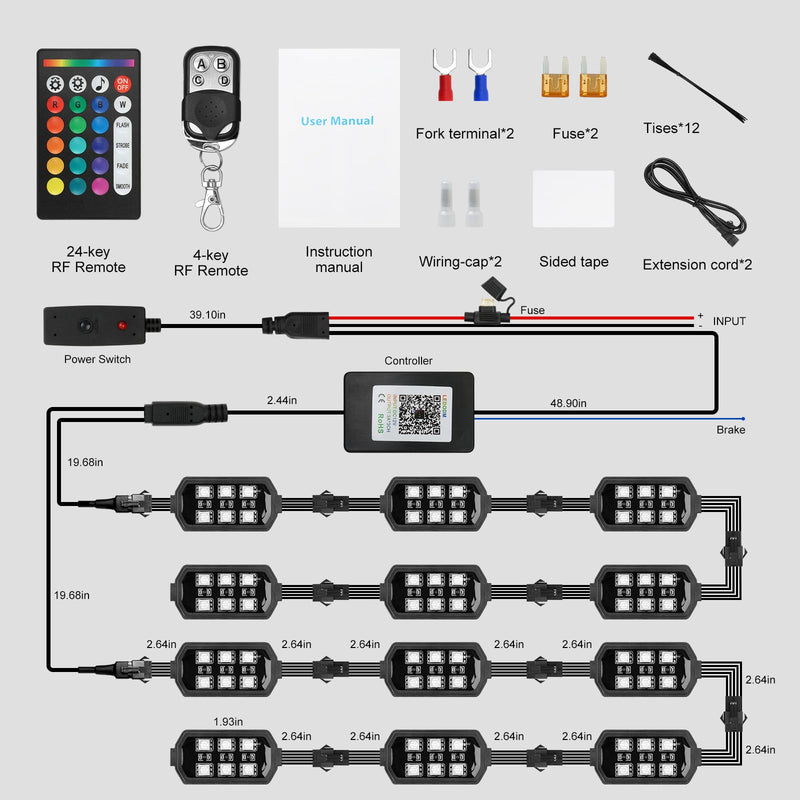 Motorcycle LED Underglow Kit, ICICAR 12 Pcs APP Control RGB 16 Million Color Dual Remote Music Mode IP68 Waterproof Led Lights, Motorcycle Lights with Power Switch