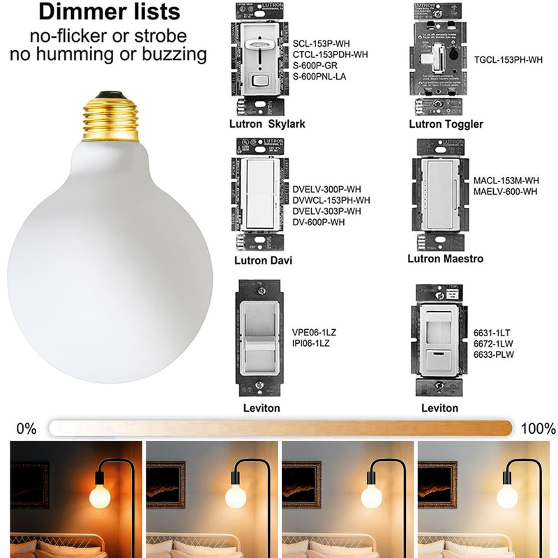 Leools LED Light Bulb G30/G95 Dimmable Flick-Free Matt White 6W Soft White 3000k CRI95 600LM, 60W Equivalent Vintage LED Edison Globe Light Bulb,E26 Standard Base, 4 Pack