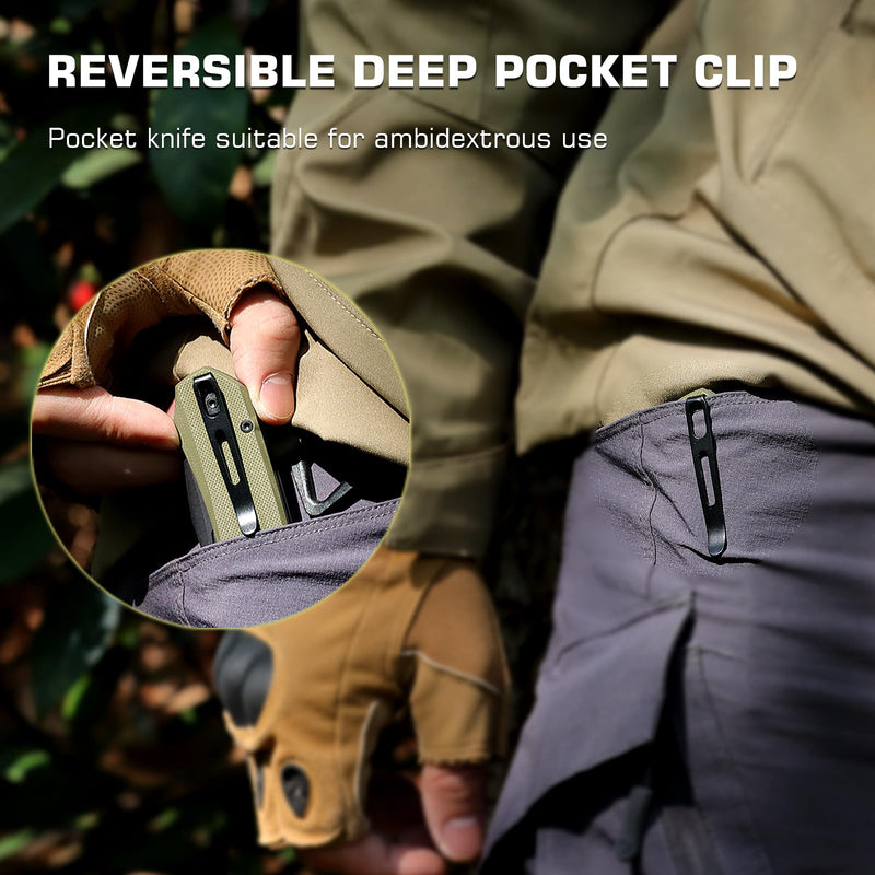 REMETTE EDC Pocket Knife Rhino,3" D2 Steel Blade Durable G10 Handle, Folding Pocket Knives with Reversible Pocket Clip, Sharp Camping Hiking Pocket Knife for Men Green