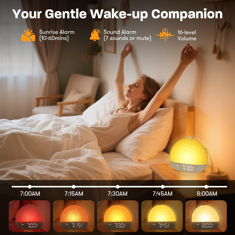 Wake Up Light Sunrise Alarm Clock, White Noise Sound Machine with 30 Soothing Sounds, Dimmable Night Lights, Sleep Aid, Snooze, Timer, Loud Alarm Clock for Heavy Sleepers Adults Kids, Ideal for Gift Yellow