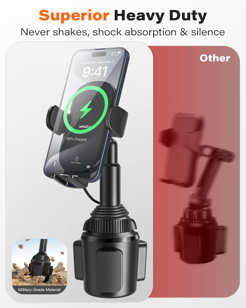 APPS2Car 15W Qi Wireless Car Charger Solid Cup Holder Mount, Adjustable Long Arm & 360° Rotation, Fits 3"–4" Round Cup Holders, Works with Cases ≤ 4 mm (No Metal Attachments) Upgraded Wireless Charger