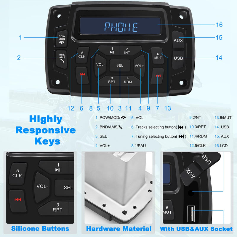 Geloo Marine Radio Receiver Waterproof Boat Stereo Radio System with AUX-in Subwoofer Pre-Amp EQ, AM/FM Radio Receiver Digital Media MP3 Player USB Input for Motorcycle Boat Golf Cart Truck