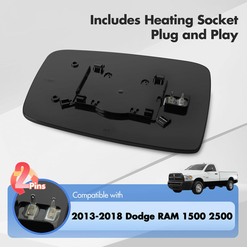 Compatible with Dodge Ram 1500 2500 Driver Side Mirror Glass, 2013 2014 2015 2016 2017 2018 - Left Side Replacement Tow Mirrors, Power Heated, Chrome, with Rear Holder, 68079362AA Driver Side（LH）