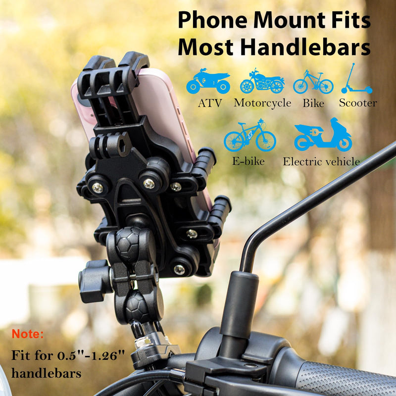EMERK Motorcycle Phone Mount Holder - [Dual Vibration Dampener] [Anti-Shake Anti-Theft] Bike Phone Holder, Adjustable Handlebar Cellphone Cradle for Bicycle Road Scooter ATV Fit 4.7''-7.2'' Smartphone Heavy-duty Basic