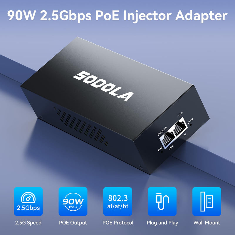 SODOLA 2.5G PoE++ Injector 90W,IEEE802.3at/af/bt Compliant,Power Over Ethernet Distances Up to 328ft, Metal Casing,Wall-Mount Supported 2.5Gb Injector Adapter SL-2.5G-N901
