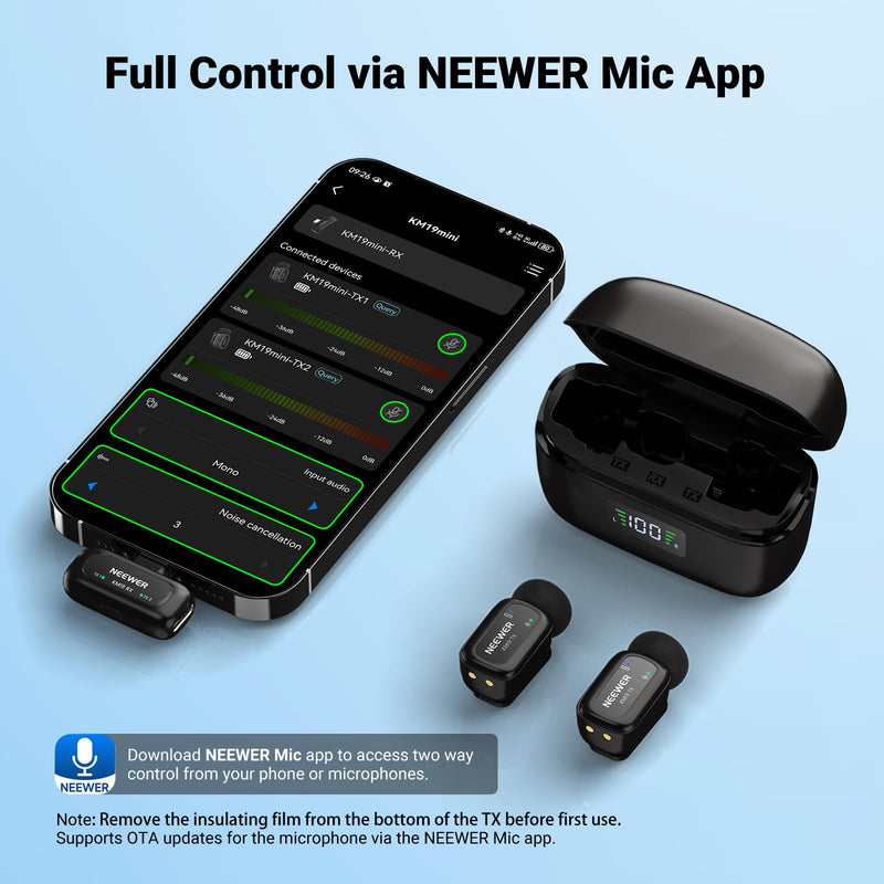 NEEWER KM19 Mini Lav Mic Compatible with iPhone 17 16 15, Black | Noise Canceling Wireless Lapel Microphone with App Control, 30h Battery, 100m Range, Compatible with iPhone Android PC