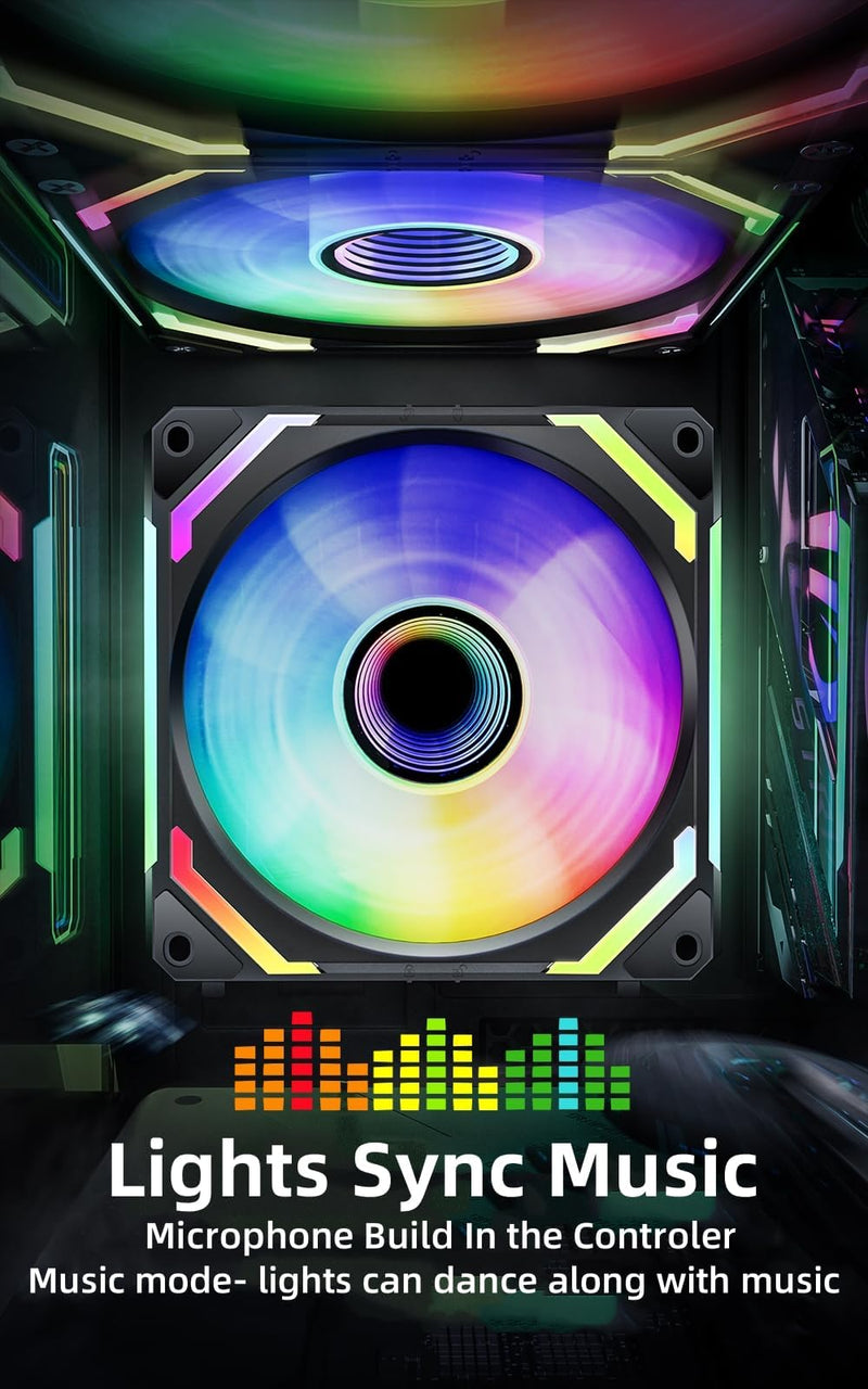 AsiaHorse COSMIQ 120mm Case Fan, Infinity Mirror FDB Reverse Fan with 5V 3-PIN Connector and Small Controller, 2000 RPM and 68.5CFM,Unit Daisy Chain PWM RGB PC Fans for Cases CPU Liquid Coolers, 3Pack Black-3-Packs