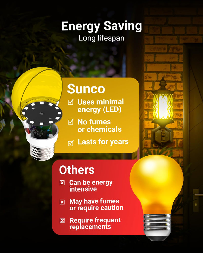 Sunco 6 Pack Yellow Light Bulbs Outdoor A19, LED Bug Lights for Outside Dusk to Dawn, 480 LM, 9W, 2000K Amber Glow, Auto On/Off Photocell Sensor, E26 Base, for Porch Patio Deck Backyard UL 6 Count (Pack of 1) Yellow 2k