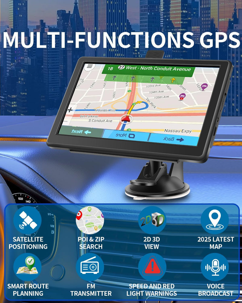 GPS Navigator for Car, 7 Inch Touchscreen, Free Lifetime Updates | Car GPS Navigation, 2026 Maps, Turn-by-Turn Voice Guidance, Speed & Red Light Warning, Truck and RV Routing Black