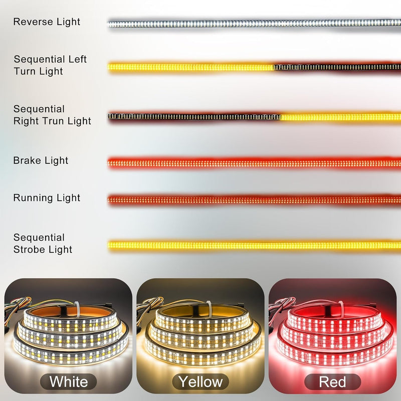 60" Truck Tailgate Light Bar - 432 LED Triple Row Strip with Red Brake/White Reverse/Yellow Turn Signals, Sequential & Strobe Effects, Waterproof Silicone for Pickup Trucks, SUVs, Trailers 60" Tailgate Light Strip 432 LEDs
