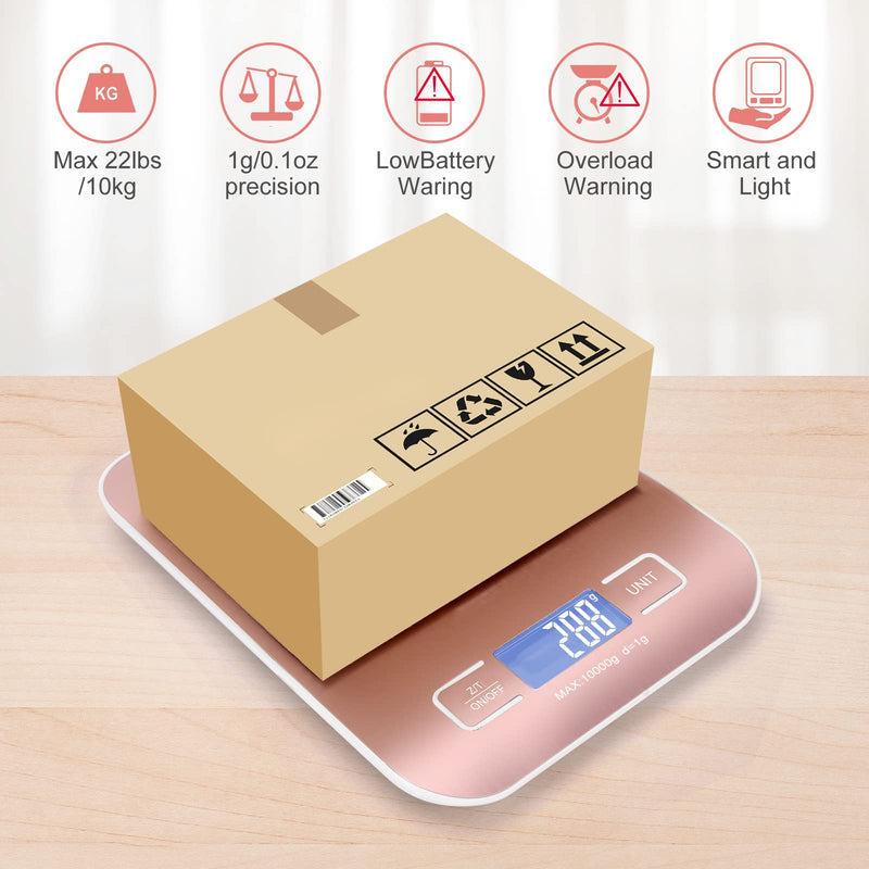 Digital Shipping Scale, Kitchen Scale, Stainless Steel Accurate 10kg/1g Portable Rechargeable Small Postal Scale for Packages, Small Business, Handmade, Liquids, Jewelry, Boutique(Rose Gold) Rose gold Rechargeable(10kg/1g)
